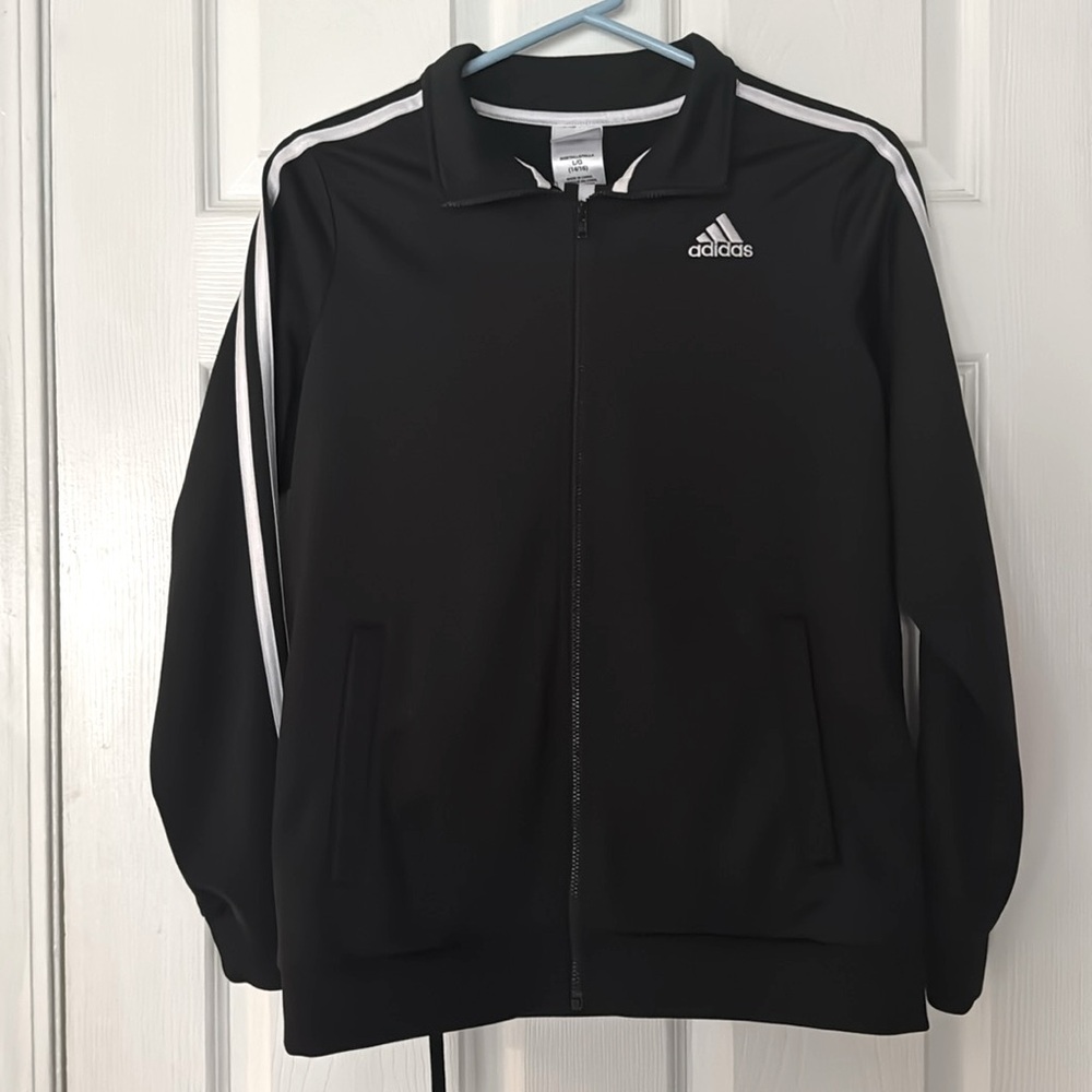 2 piece Adidas Black Track Jacket AND Pants with White Stripes